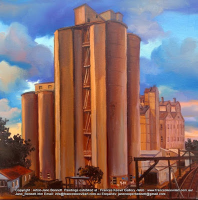 Plein air oil painting of the Mungo Scott Flour Mills in Summer Hill painted by industrial heritage artist Jane Bennett Plein air oil painting of the Mungo Scott Flour Mills in Summer Hill painted by industrial heritage artist Jane Bennett